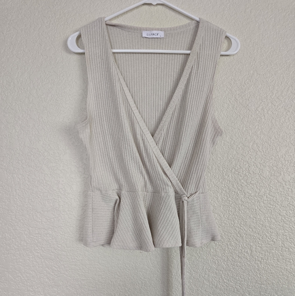 Glance Cream Ribbed Faux Wrap Top XL